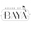 A minimalist black logo on a white background reading 'HOUSE OF BAYA' with a small bird perched above the lettering.